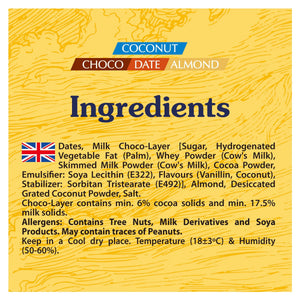 Arabian Delights Chocodate with Coconut, Chocolate Coated Bite-Sized Snacks, Stuffed w/ Golden Roasted Almonds, Dates - 250 gm