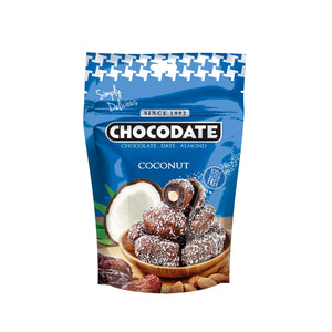 Chocodate Coconut | Exquisite Bite Sized Delicacy | Handmade Treat - Rich Silky Chocolate - Velvety Arabian Date - Golden Roasted Almond - 90gms