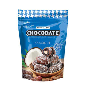 Chocodate Coconut | Exquisite Bite Sized Delicacy | Handmade Treat - Rich Silky Chocolate - Velvety Arabian Date - Golden Roasted Almond - 250gms