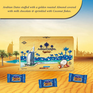Arabian Delights Chocodate with Coconut, Chocolate Coated Bite-Sized Snacks, Stuffed w/ Golden Roasted Almonds, Dates - 250 gm