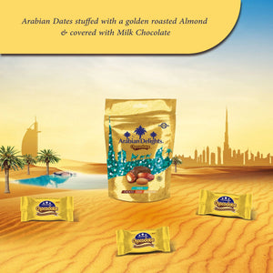 Arabian Delights Milk Chocodate, Classic Chocolate Coated Bite-Sized Snacks, Stuffed w/ Golden Roasted Almonds, Dates | Snacks & Sweets Pouch - 150g