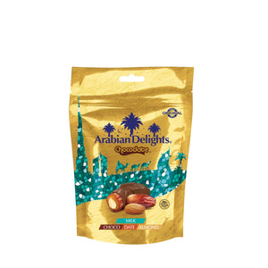 Arabian Delights Milk Chocodate, Classic Chocolate Coated Bite-Sized Snacks, Stuffed w/ Golden Roasted Almonds ,Dates| Snacks & Sweets Pouch