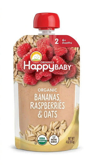 HappyBABY Organic Bananas, Raspberries & Oats Pouch 113g