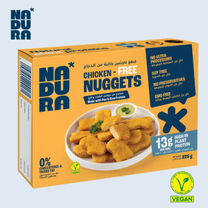 NADURA vegan chicken-free nuggets box with plant-based, high-protein, soy-free, and GMO-free labels, sold at WELAZA UAE.