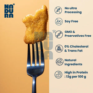 Plant-based nugget on fork with Nadura branding and health benefit icons, WELAZA UAE.