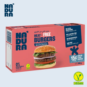 Nadura Meat-Free Burgers box with vegan plant-based burger image, high protein, UAE store