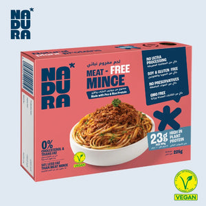 Nadura meat-free mince packaging with vegan label, showing spaghetti topped with plant-based mince, high protein, soy and gluten free, available at WELAZA UAE.