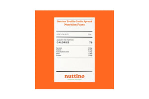Nuttino Truffle Garlic Spread nutritional facts label with calories and macros on orange background