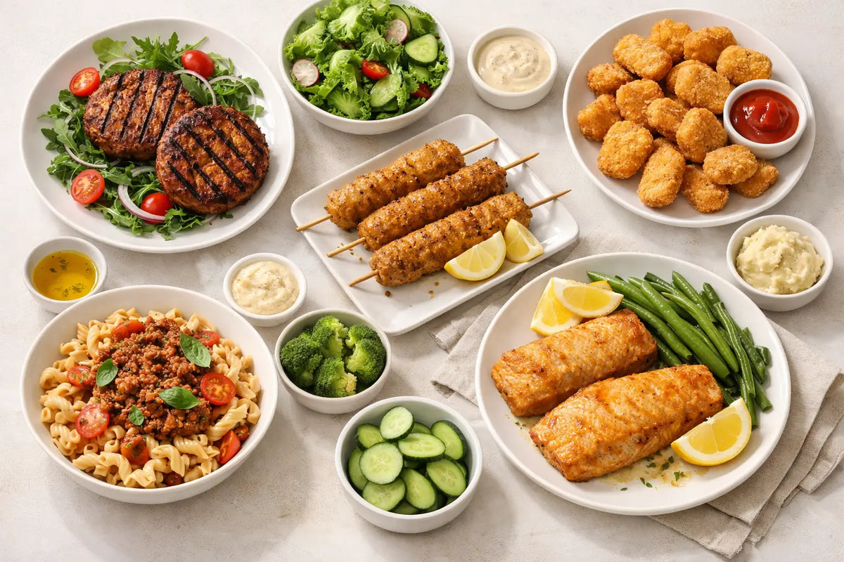 colorful plant-based dishes and fresh ingredients on a bright, clean table setting