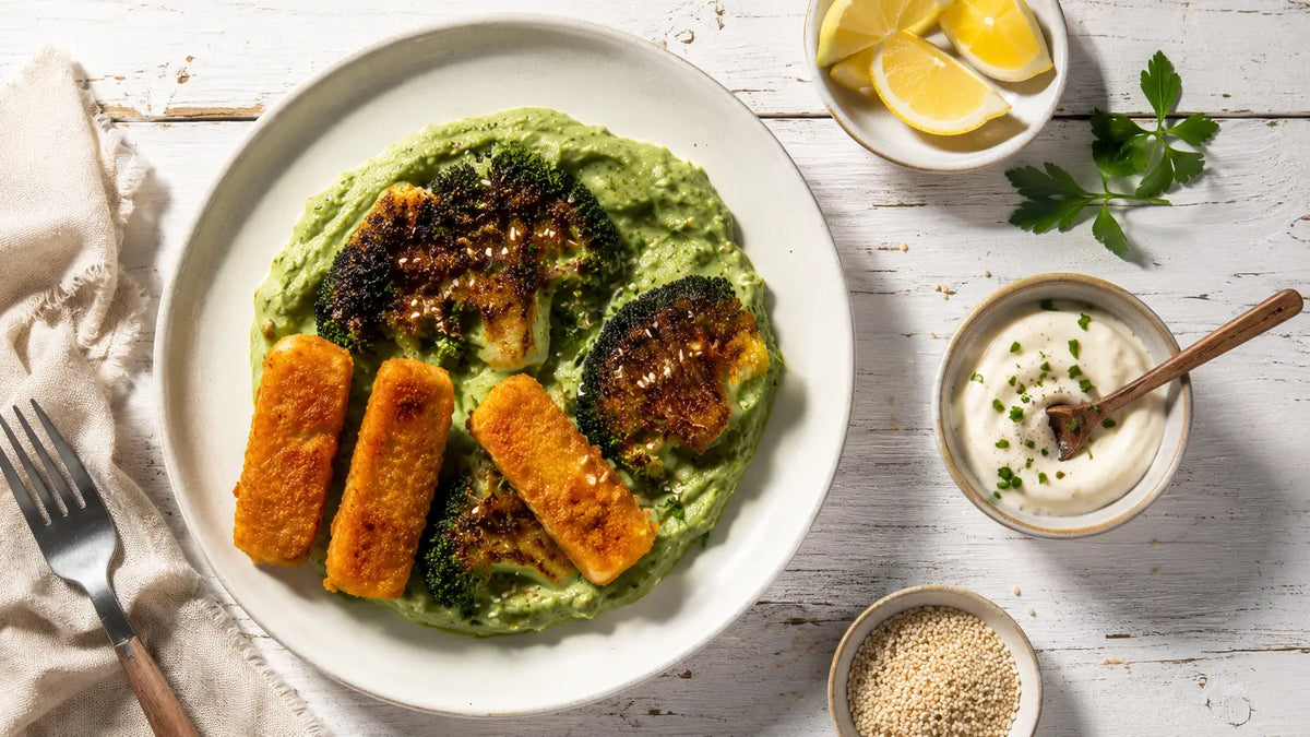 crispy plant-based fishlesh fingers with avocado