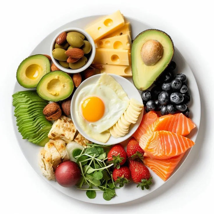 Assorted fresh fruits, avocado, nuts, cheese, and vegetables on a white plate, healthy plant-based food