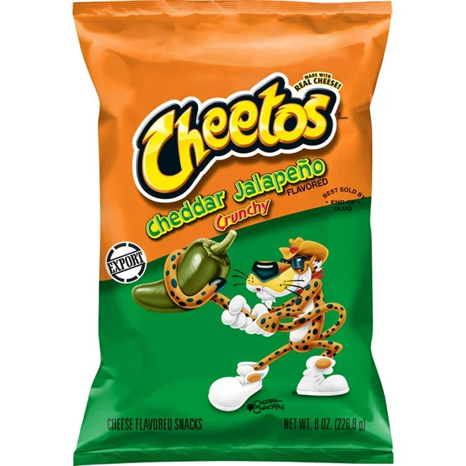 Cheetos Crunchy Cheddar Jalapeno Flavored Snacks, Made with Real Cheese, 8 OZ (227g) - Export
