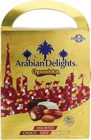 Arabian Delights Assorted Chocodate, Classic Chocolate Coated Bite-Sized Snacks, Stuffed w/ Golden Roasted Almonds, Dates | Snacks & Sweets Pouch - 90g