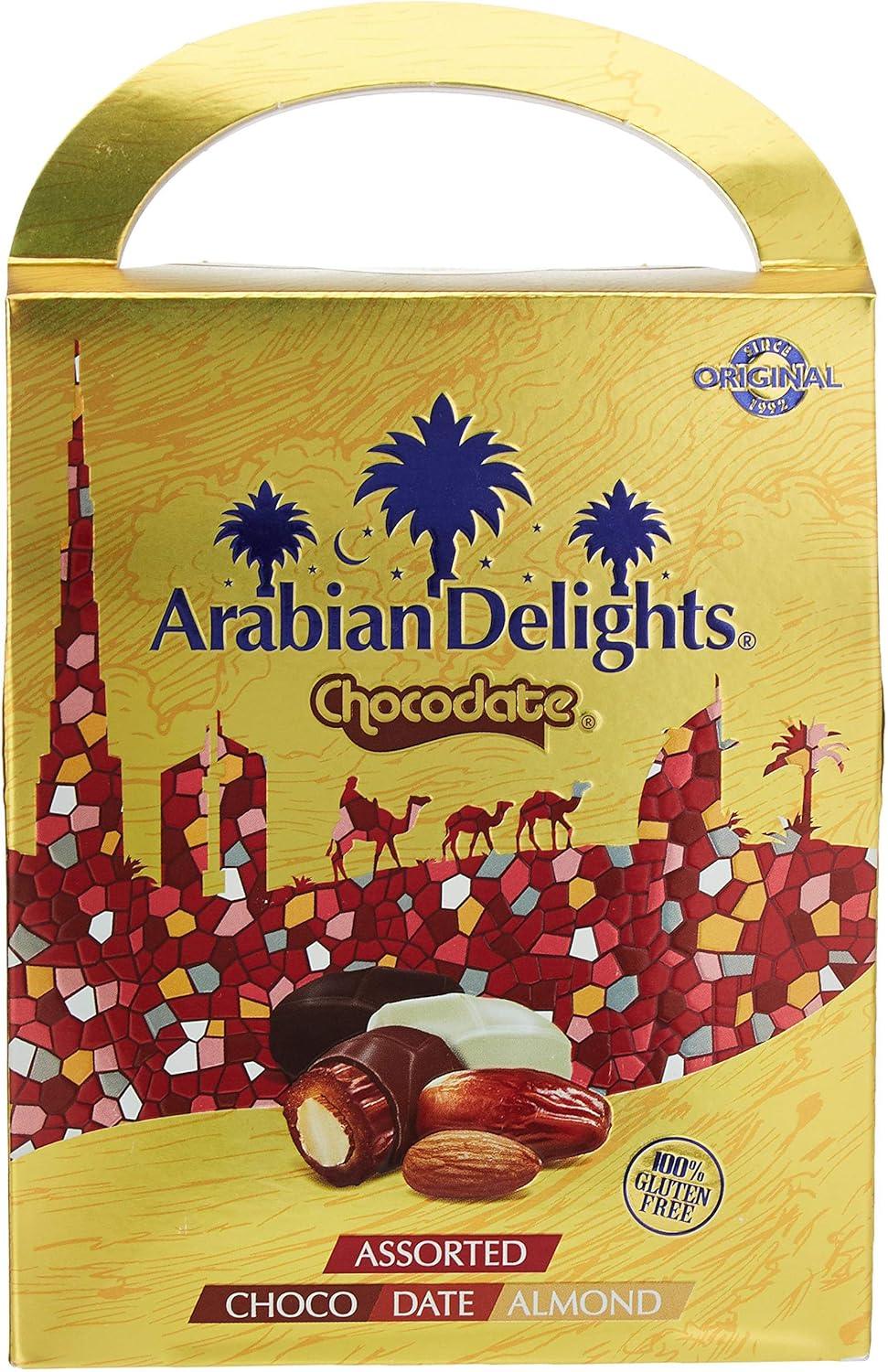 Arabian Delights Assorted Chocodate, Classic Chocolate Coated Bite-Sized Snacks, Stuffed w/ Golden Roasted Almonds, Dates | Snacks & Sweets Pouch - 150g