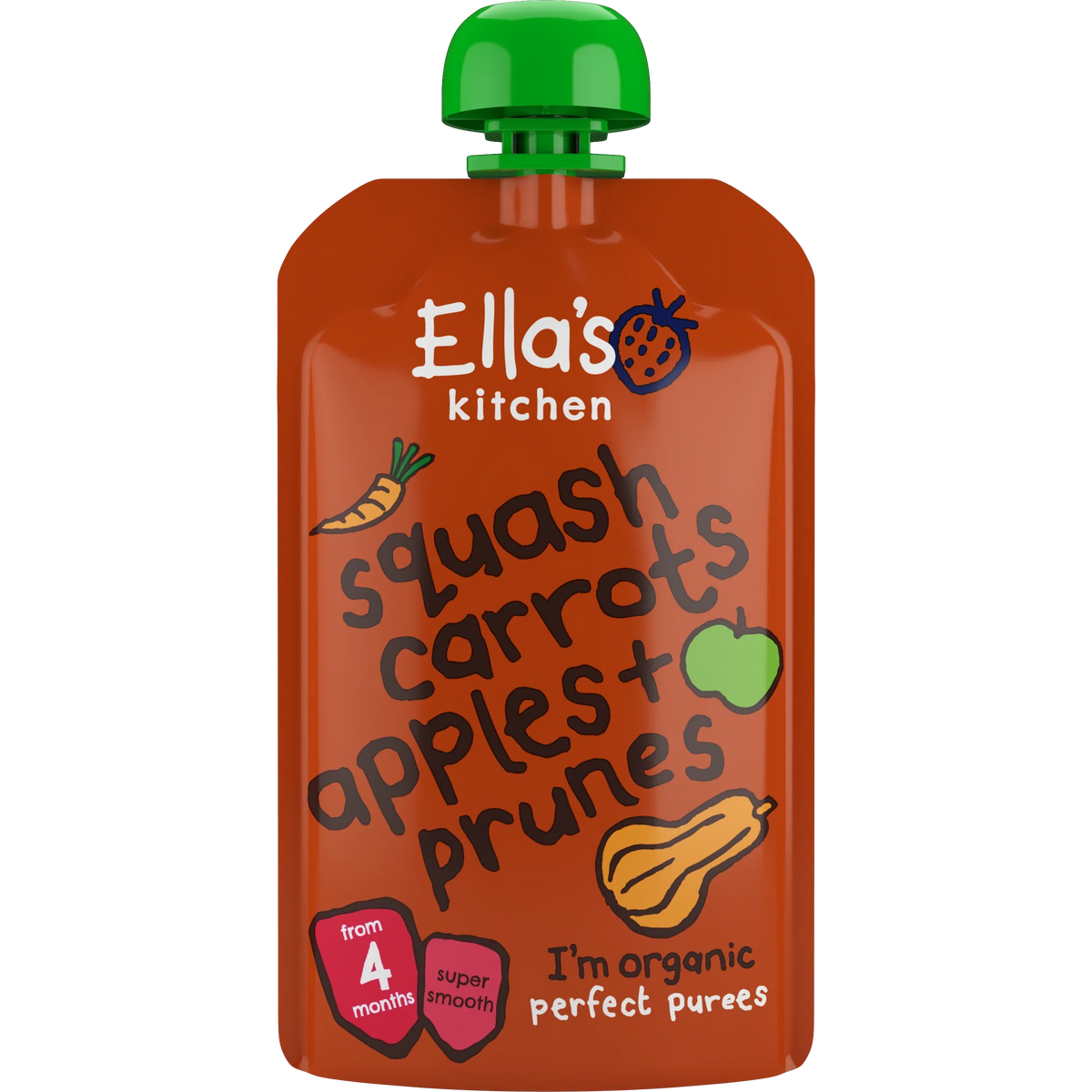 Ella's Kitchen organic butternut squash carrots apples + prunes 120g. Expiry date: 7/1/2026