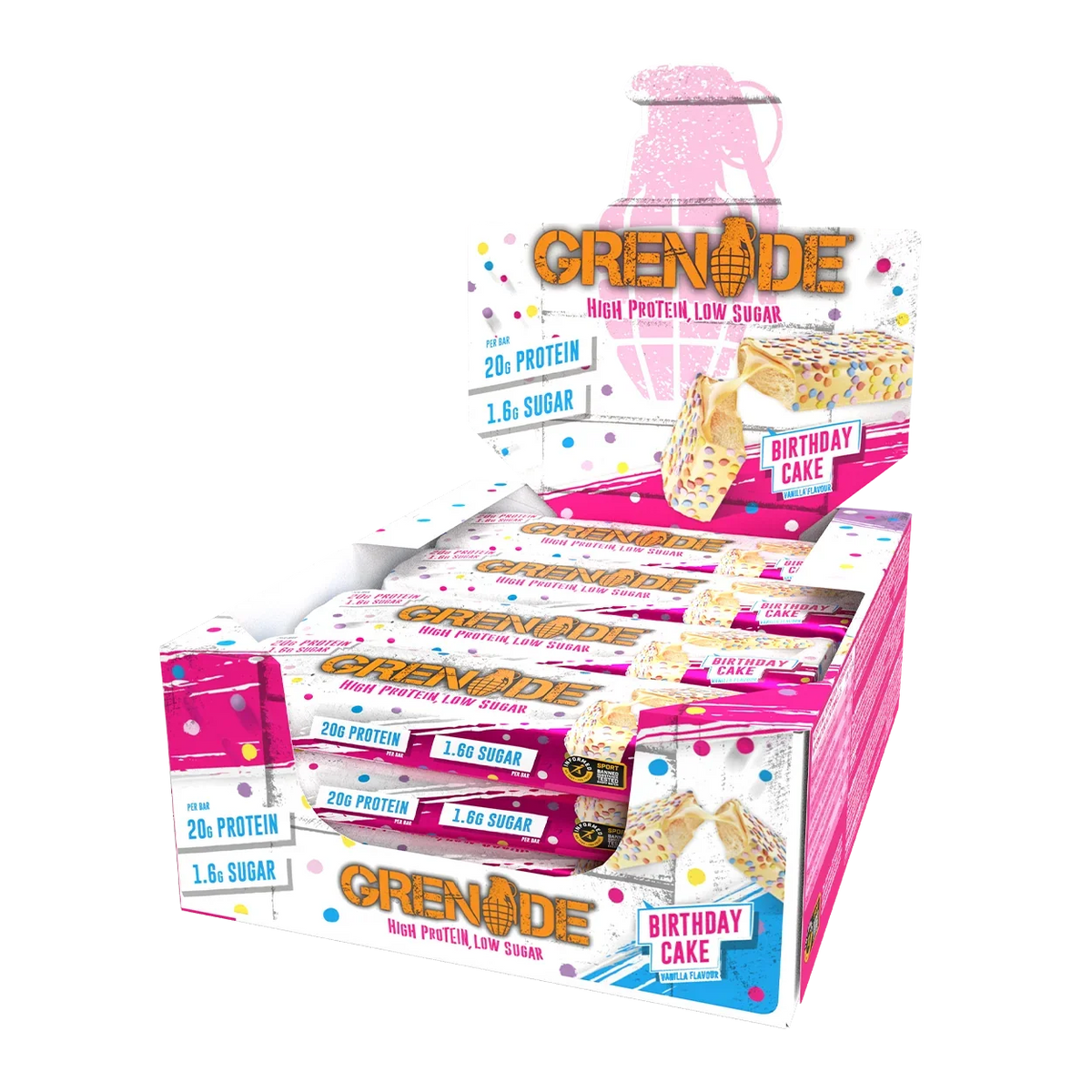 Grenade Birthday Cake - High Protein Bar - Low Sugar (60gm x 12) Box