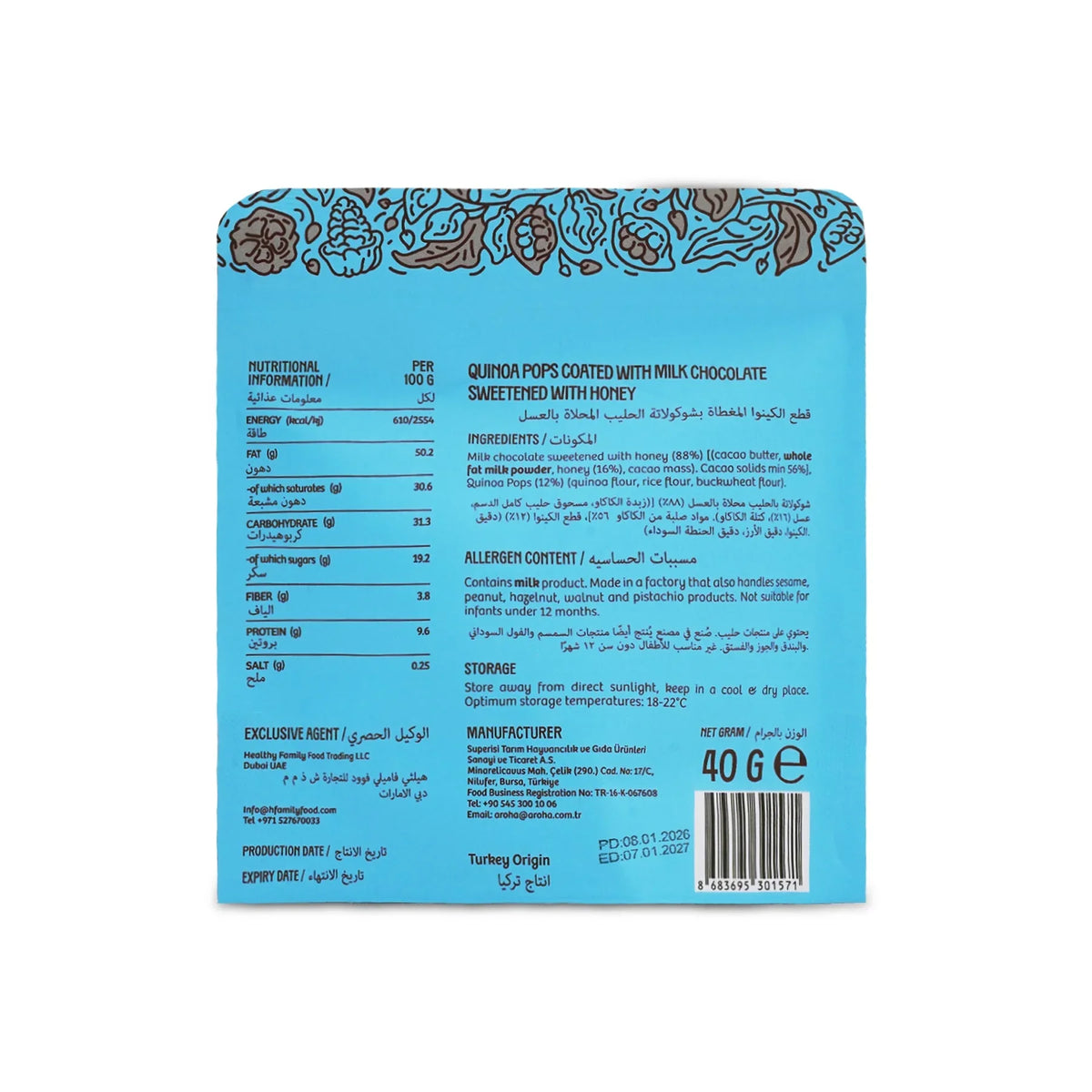 Aroha Quinoa Pops covered with milk chocolate-Honey 40g