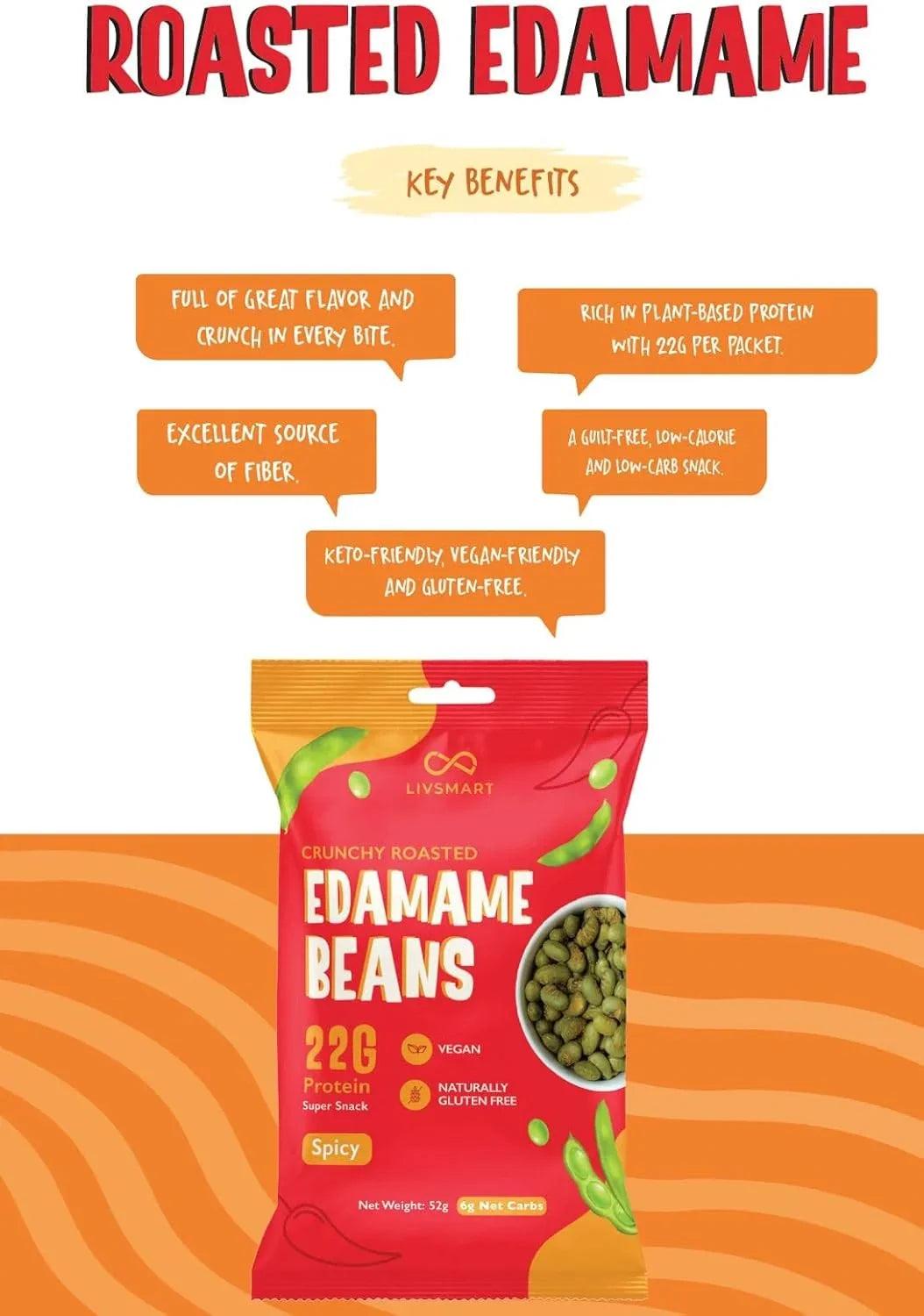 Livsmart Crunchy Roasted Edamame Beans - Spicy 52g Each (Pack Of 2)