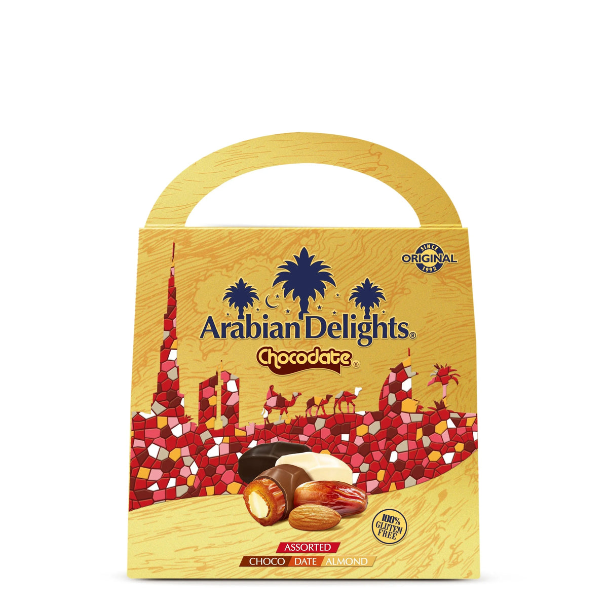 Arabian Delights Assorted Chocodate, Classic Chocolate Coated Bite-Sized Snacks, Stuffed w/ Golden Roasted Almonds, Dates | Snacks & Sweets Pouch - 150g