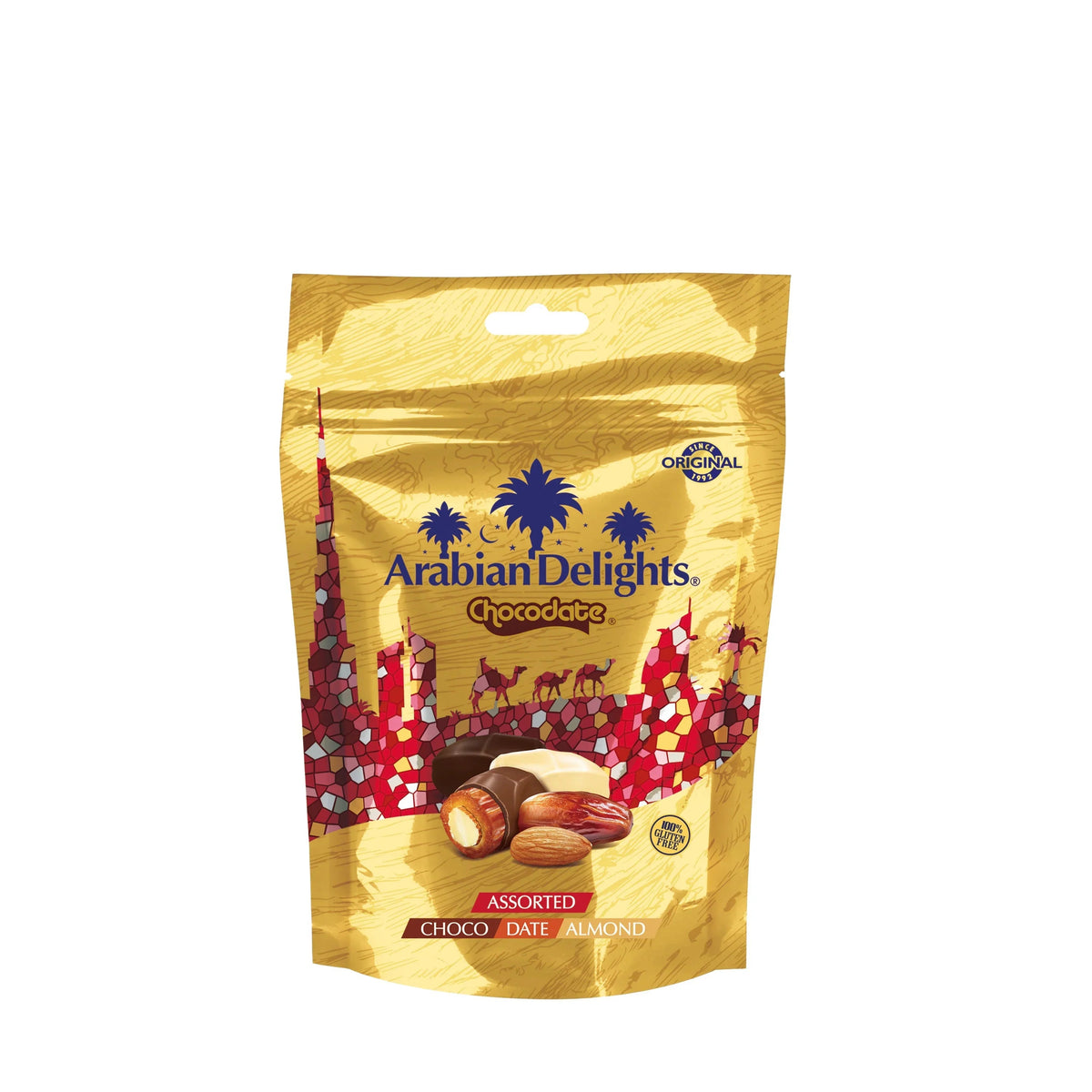 Arabian Delights Assorted Chocodate, Classic Chocolate Coated Bite-Sized Snacks, Stuffed w/ Golden Roasted Almonds, Dates | Snacks & Sweets Pouch - 150g