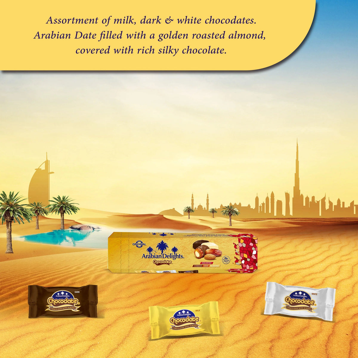 Arabian Delights Assorted Chocodate, Classic Chocolate Coated Bite-Sized Snacks, Stuffed w/ Golden Roasted Almonds, Dates | Snacks & Sweets Pouch - 230g