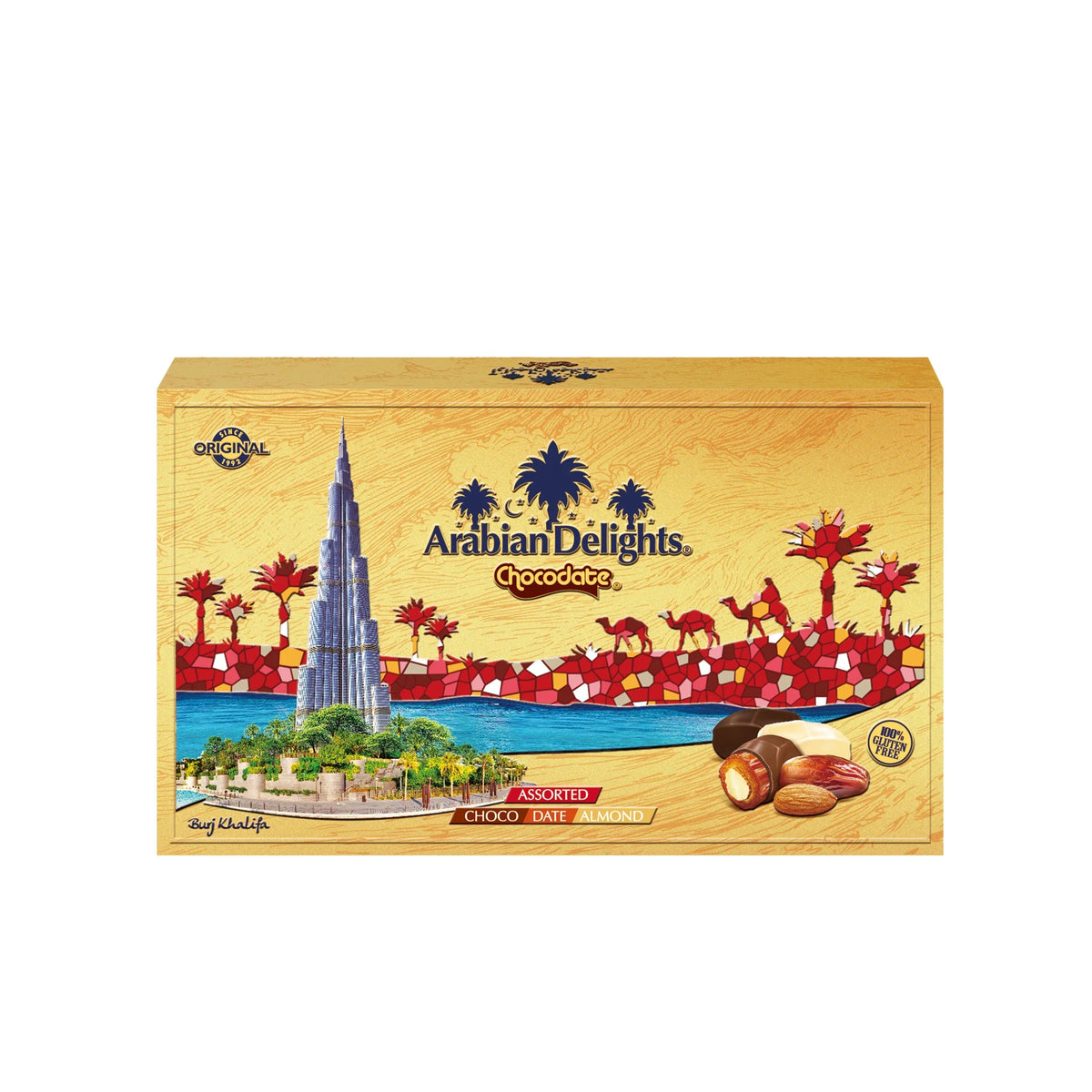 Arabian Delights Assorted Chocodate, Classic Chocolate Coated Bite-Sized Snacks, Stuffed w/ Golden Roasted Almonds, Dates | Snacks & Sweets Pouch - 90g