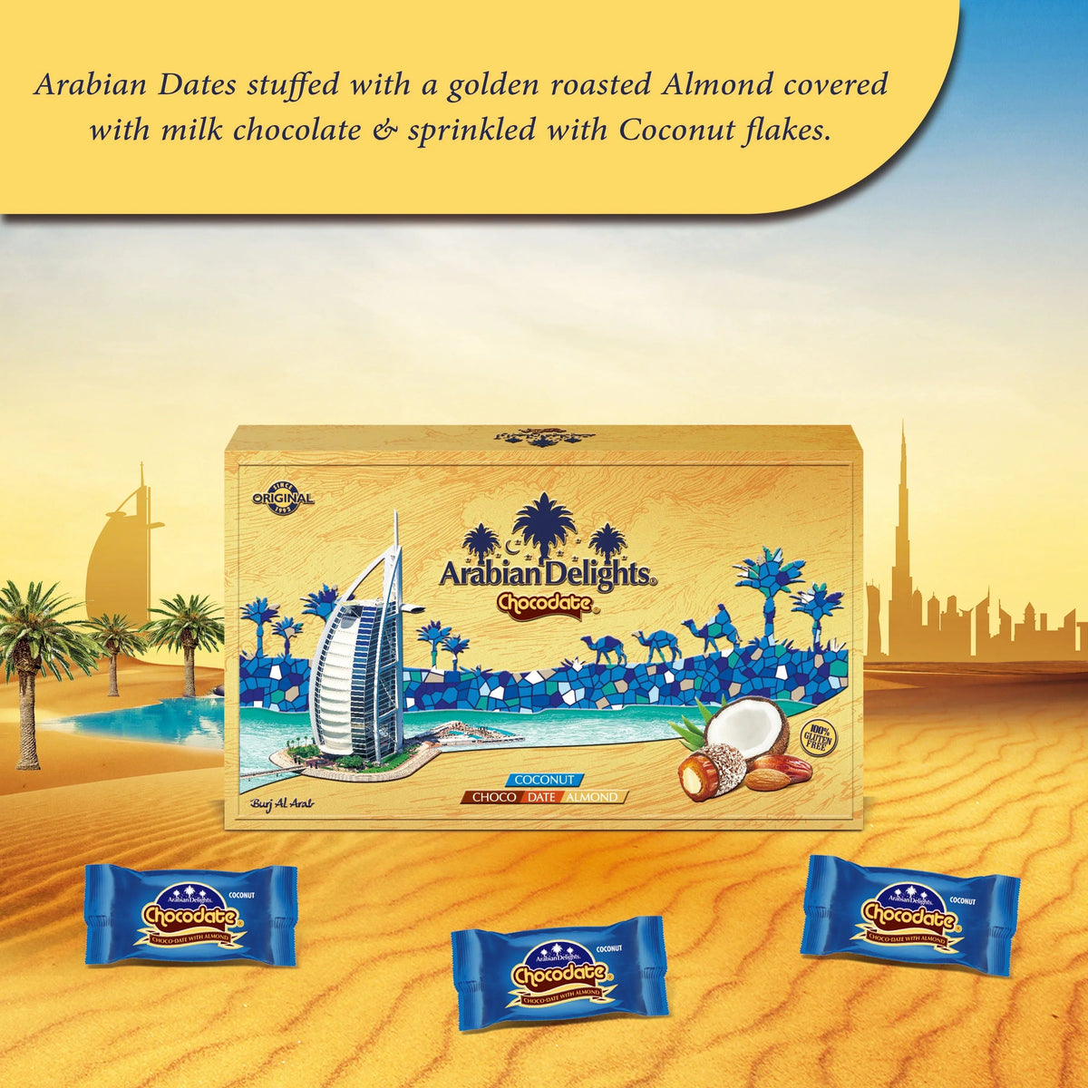 Arabian Delights Chocodate with Coconut, Chocolate Coated Bite-Sized Snacks, Stuffed w/ Golden Roasted Almonds, Dates - 250 gm