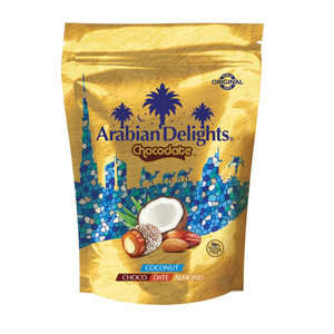 Arabian Delights Chocodate with Coconut, Chocolate Coated Bite-Sized Snacks, Stuffed w/ Golden Roasted Almonds, Dates - 250 gm