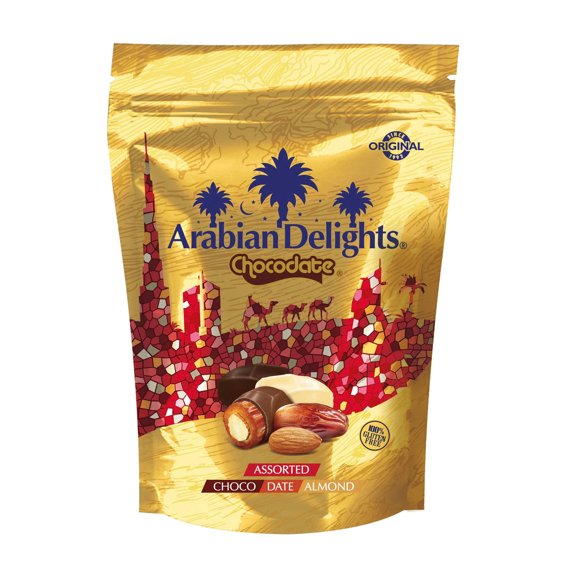 Arabian Delights Assorted Chocodate, Classic Chocolate Coated Bite-Sized Snacks, Stuffed w/ Golden Roasted Almonds, Dates | Snacks & Sweets Pouch - 150g