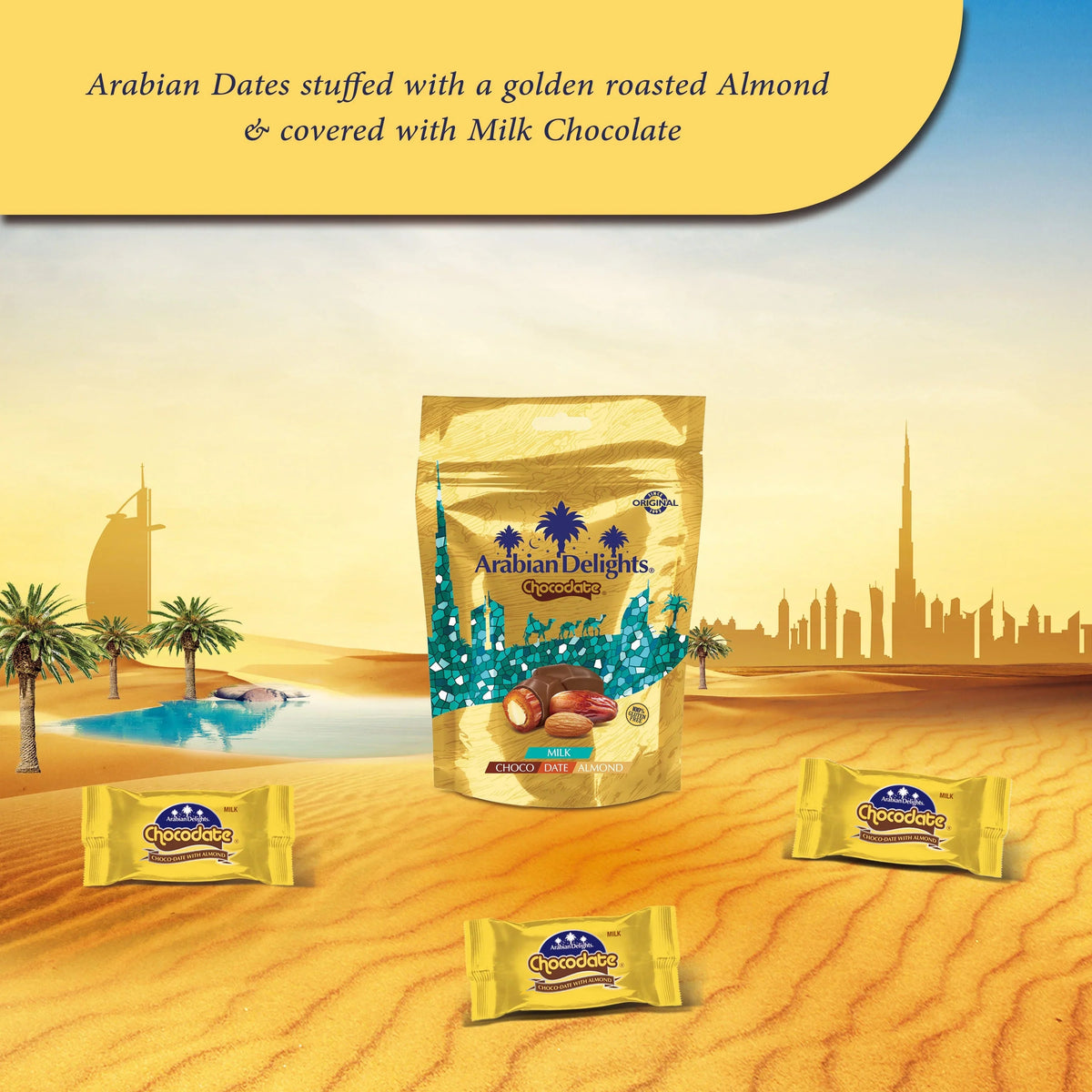 Arabian Delights Milk Chocodate, Classic Chocolate Coated Bite-Sized Snacks, Stuffed w/ Golden Roasted Almonds, Dates | Snacks & Sweets Pouch - 150g