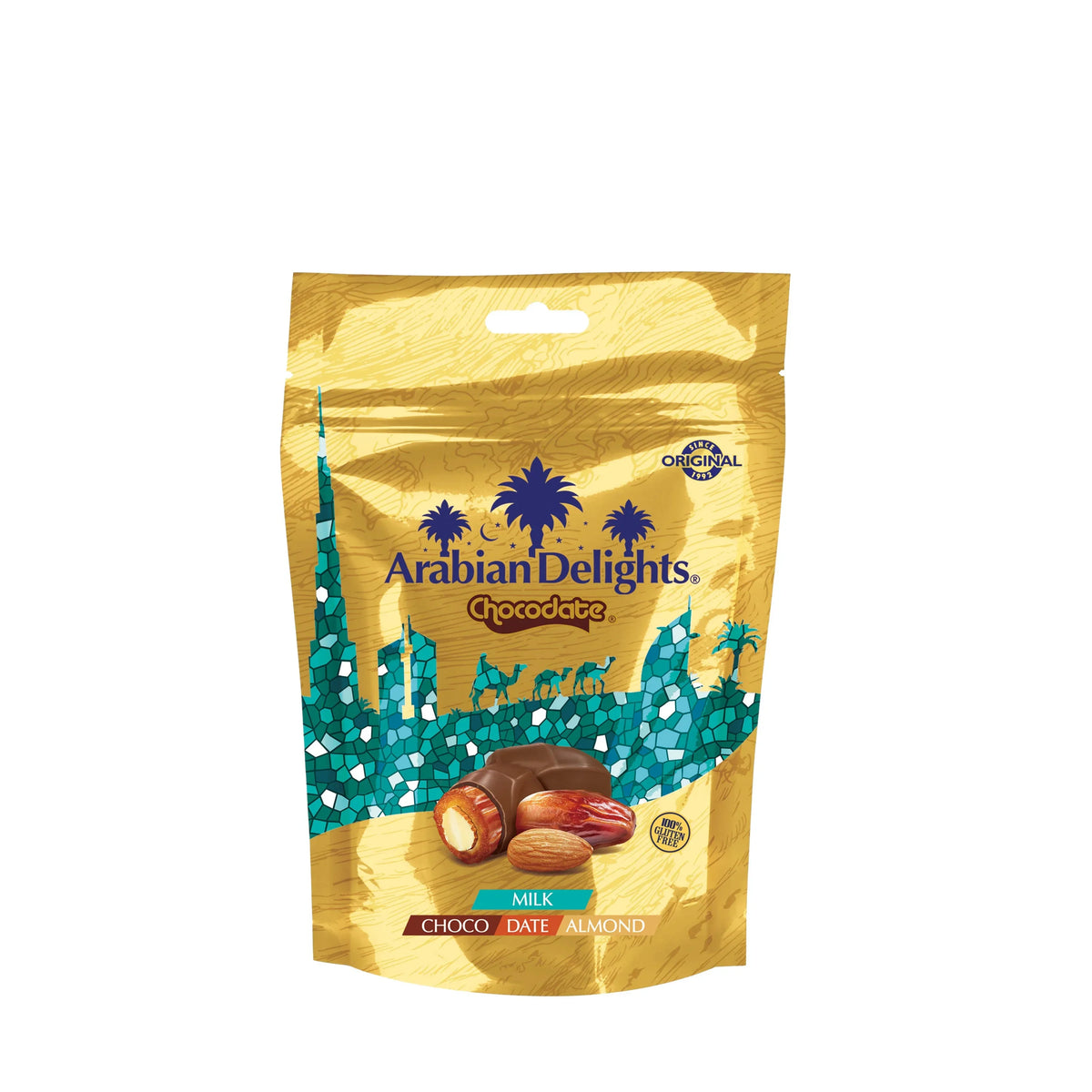 Arabian Delights Milk Chocodate, Classic Chocolate Coated Bite-Sized Snacks, Stuffed w/ Golden Roasted Almonds ,Dates| Snacks & Sweets Pouch