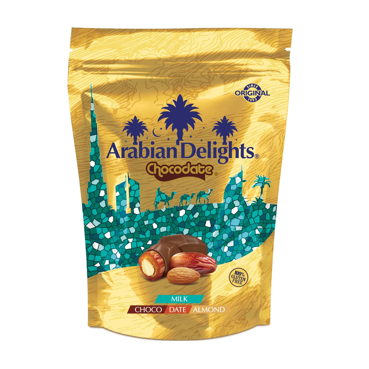 Arabian Delights Milk Chocodate, Classic Chocolate Coated Bite-Sized Snacks, Stuffed w/ Golden Roasted Almonds, Dates | Snacks & Sweets Pouch - 230g