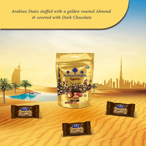 Arabian Delights Dark Chocolate, Classic Chocolate Coated Bite-Sized Snacks, Stuffed w/ Golden Roasted Almonds, Dates | Snacks & Sweets Pouch - 230g