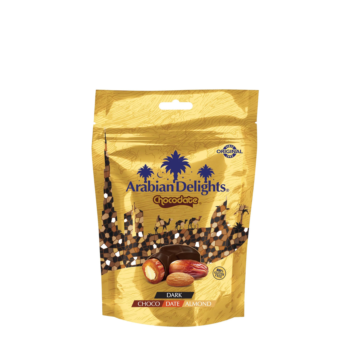 Arabian Delights Dark Chocodate, Classic Chocolate Coated Bite-Sized Snacks, Stuffed w/ Golden Roasted Almonds ,Dates| Snacks & Sweets Pouch
