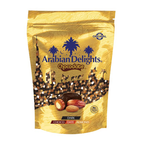 Arabian Delights Dark Chocolate, Classic Chocolate Coated Bite-Sized Snacks, Stuffed w/ Golden Roasted Almonds, Dates | Snacks & Sweets Pouch - 230g