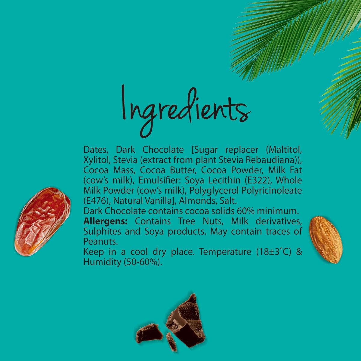Chocodate No Sugar Added Rich Silky Chocolate, Roasted Almonds, Velvety Arabian Dates, Low Calories, No GMO, Gluten Free Chocolate, Perfect Snacking - 230gm