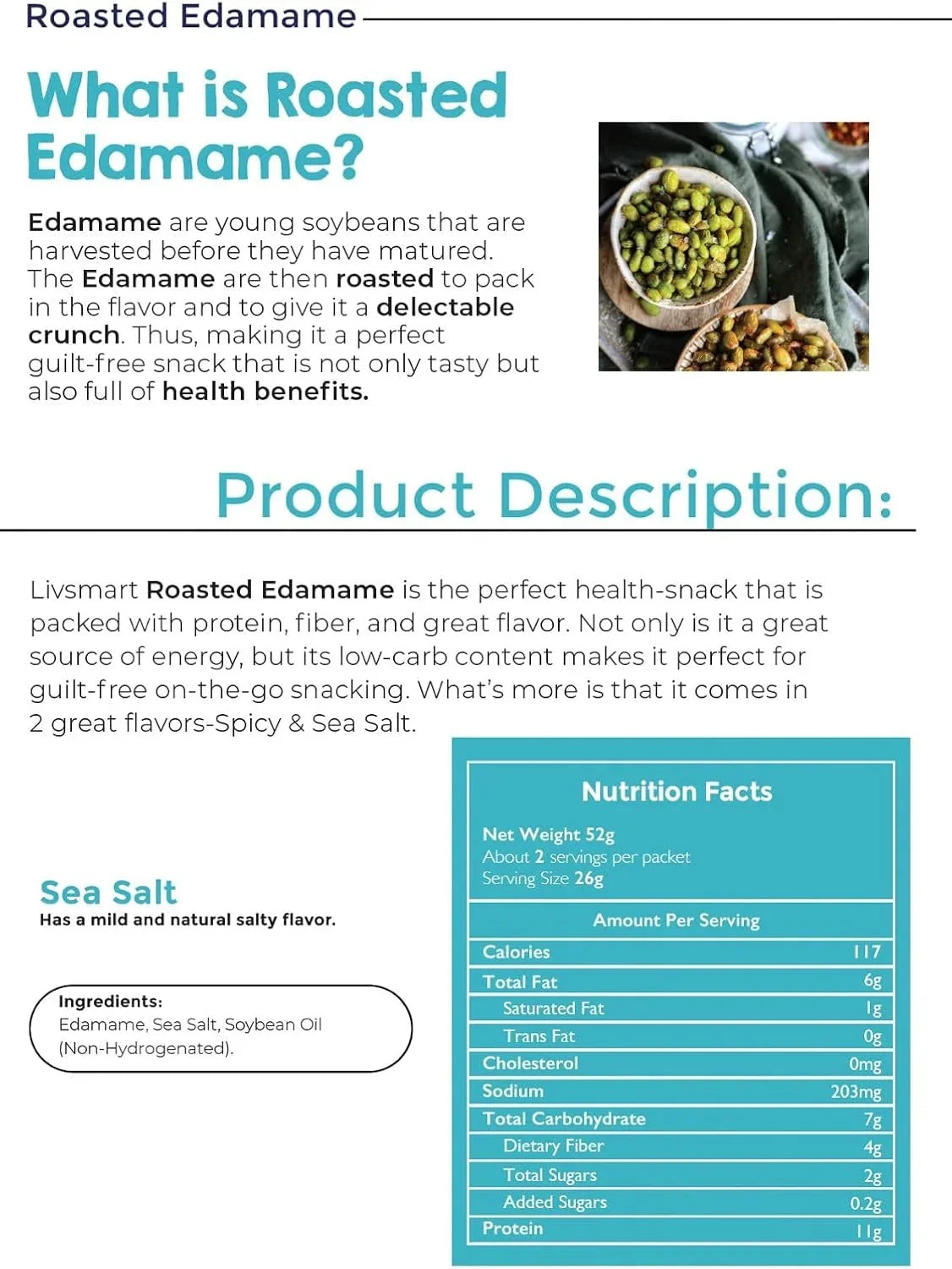 Livsmart Crunchy Roasted Edamame Beans - Sea Salt 52g Each (Pack Of 2)