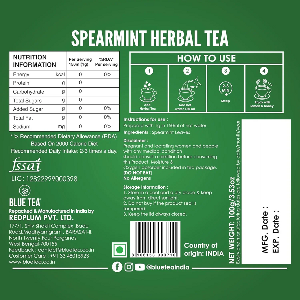 Blue Tea Spear Mint Herbal Tea 100g