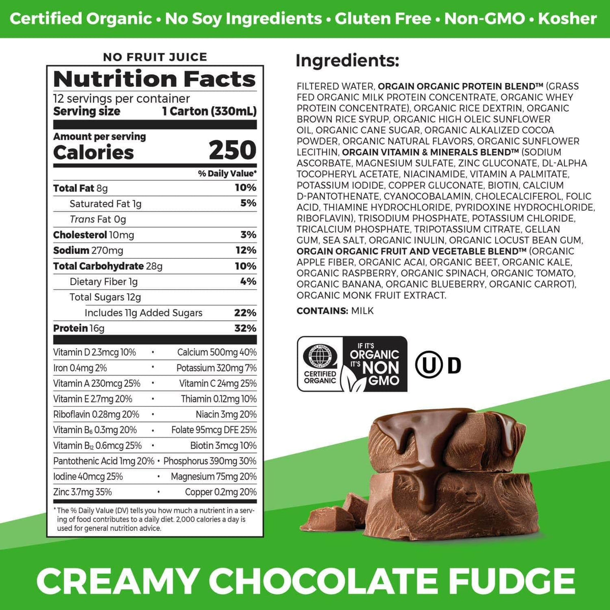 Orgain Organic Nutrition 16g Grass- Fed Protein Shake, Creamy Chocolate Fudge, 330ml (12 pk)