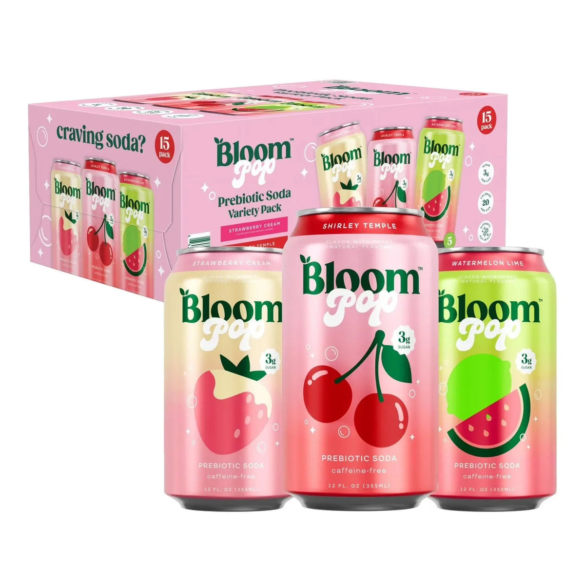 Bloom Pop Prebiotic Soda Variety Pack, 355ml (15 pc)