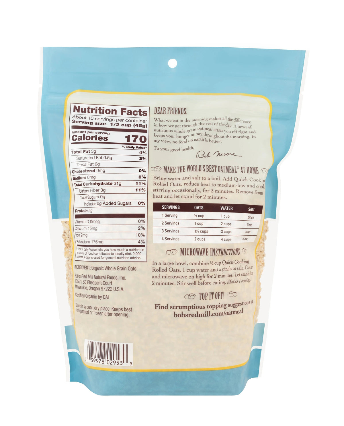 Bob's Red Mill Organic Quick Cooking Rolled Oats, Whole Grain, Non-GMO - 907gm