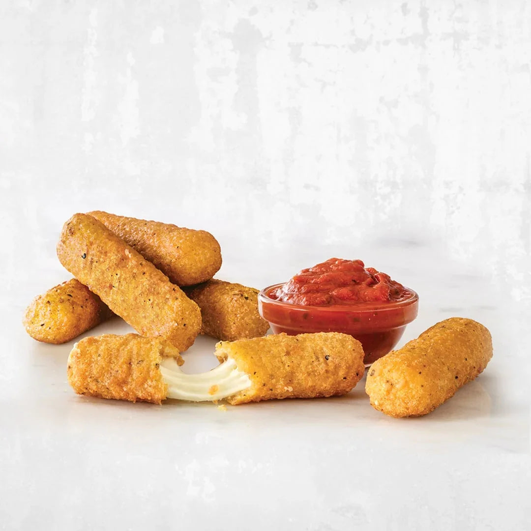 Cooked Baikal breaded mozzarella sticks serving