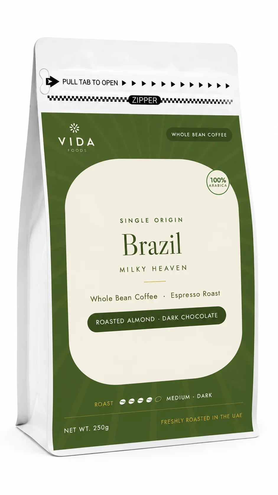 Vida Foods Brazil Milky Heaven Specialty Coffee – 85 SCA Single Origin Whole Beans for Espresso & Milk, Freshly Roasted in UAE, 250g