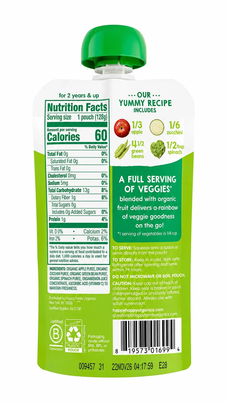 HappyTOT Organics Love My Veggies Apples, Zucchini, Green Beans & Spinach Pouch 120g