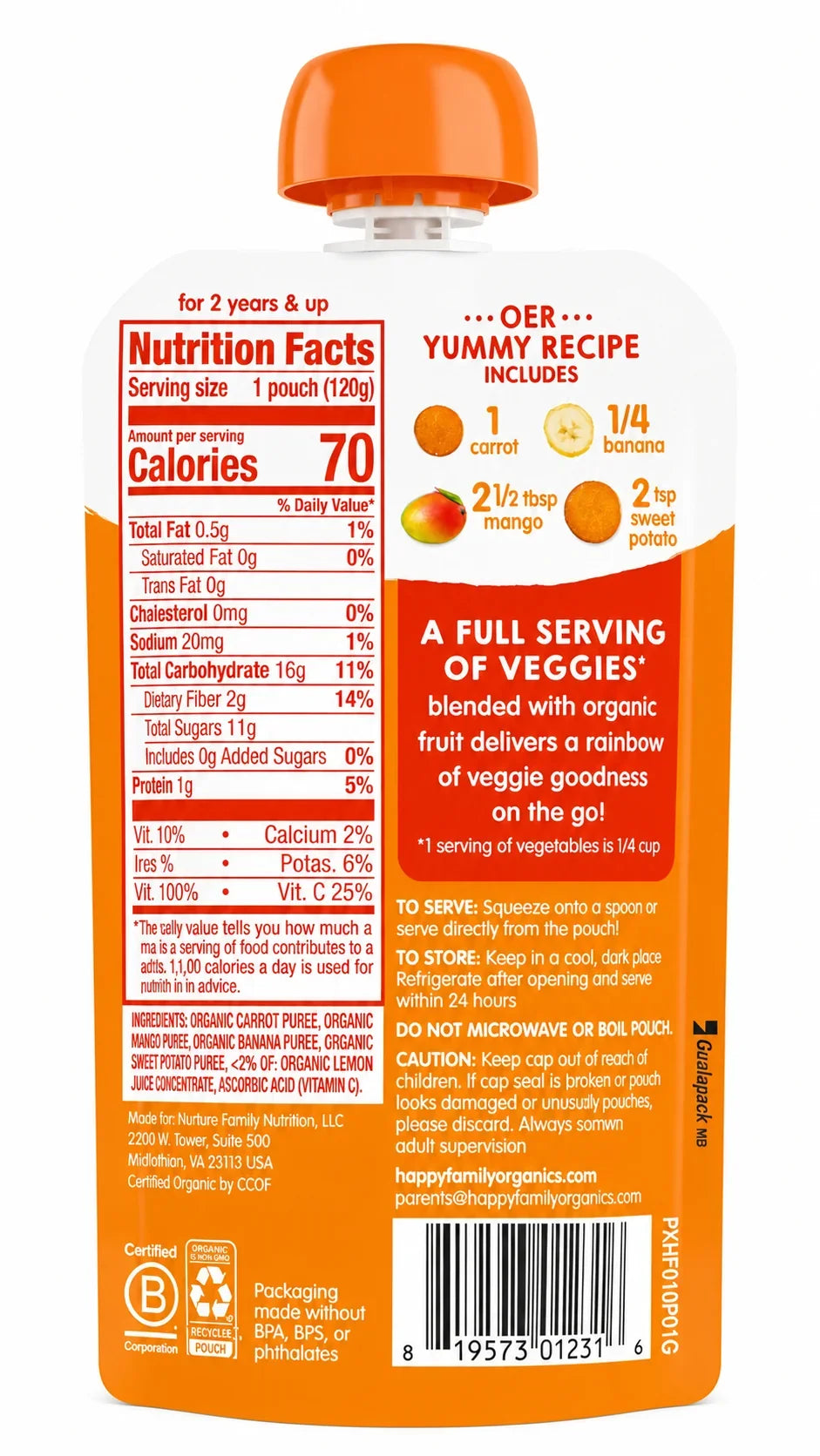 HappyTOT Organics Love My Veggies Carrots, Bananas, Mangos & Sweet Potatoes Pouch 120g