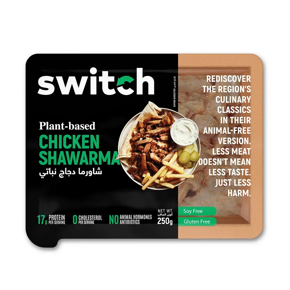 Switch Vegan Chicken Shawarma 250g, 100% Plant-Based, GMO-Free, Cholesterol-Free, Soy-Free, Gluten-Free Halal (Frozen)