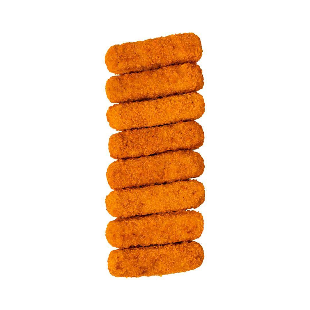 Crispy breaded plant-based nuggets arranged on white background, WELAZA UAE vegan food