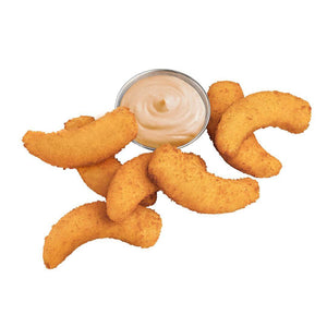 Curved plant-based nuggets with creamy dipping sauce, WELAZA UAE vegan snack.