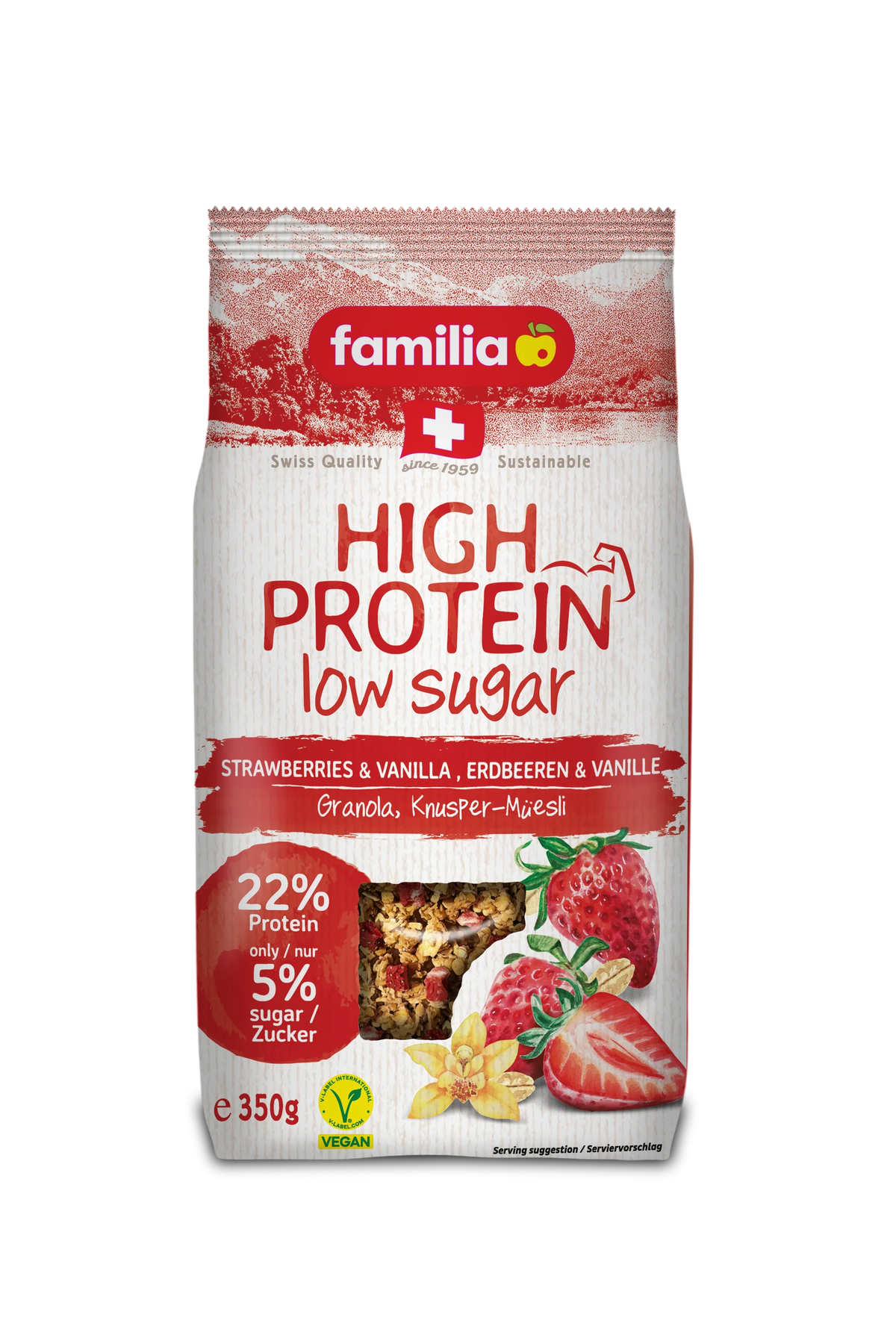 Familia High Protein, Strawberries & Vanilla, Low Sugar, 22% Protein, Vegan 350gm