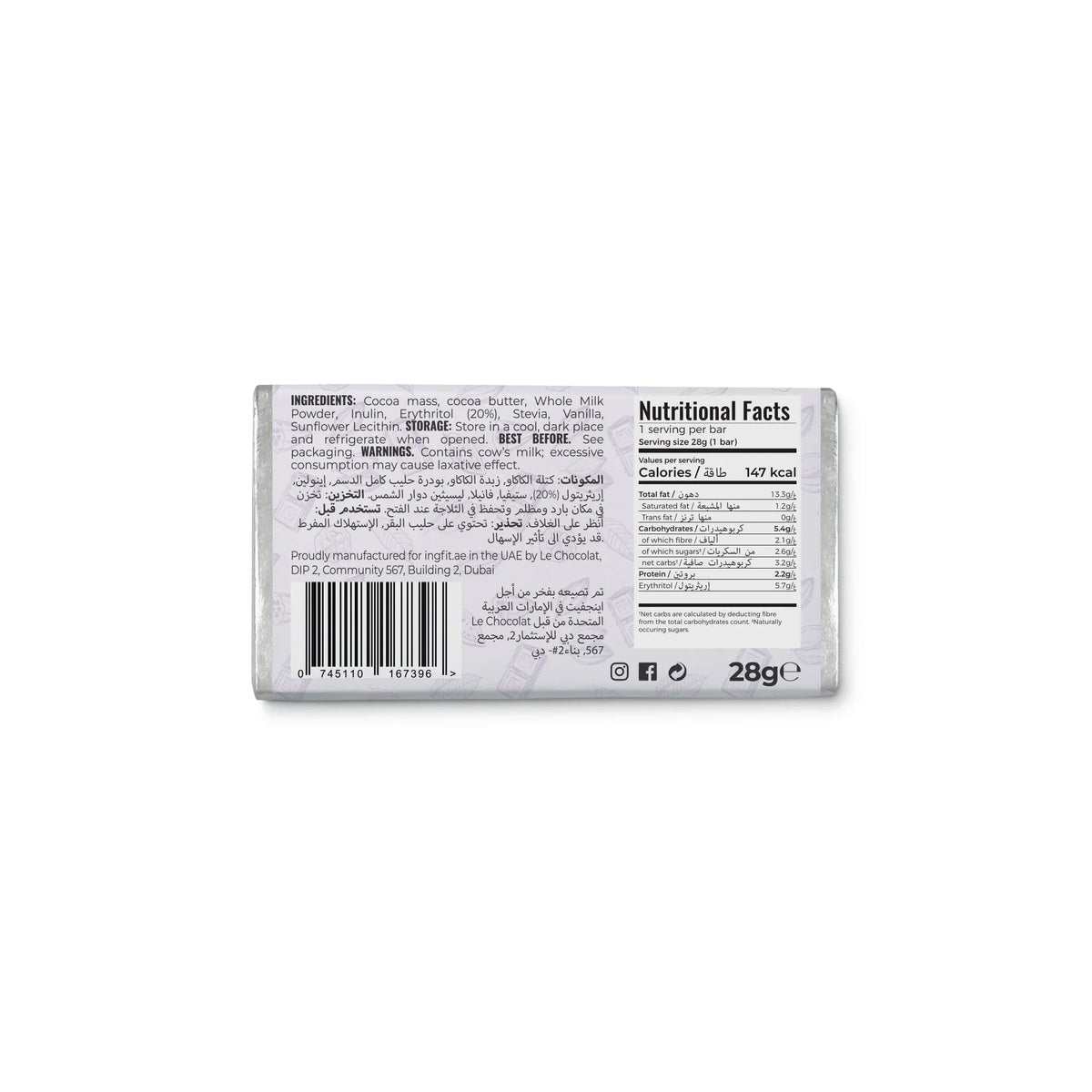 Ingfit Premium Sugar Free Milk Chocolate 28g